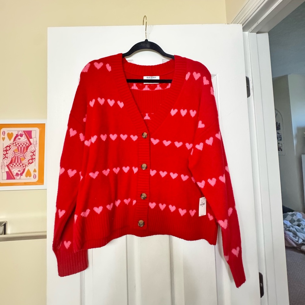 Red Cardigan with Pink Heart Pattern